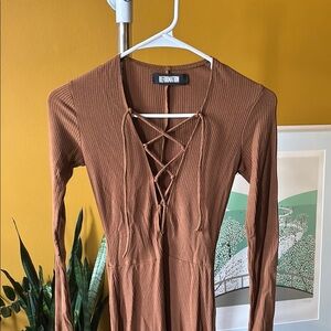 Reformation Brown Maxi Long Sleeve Plunge Dress